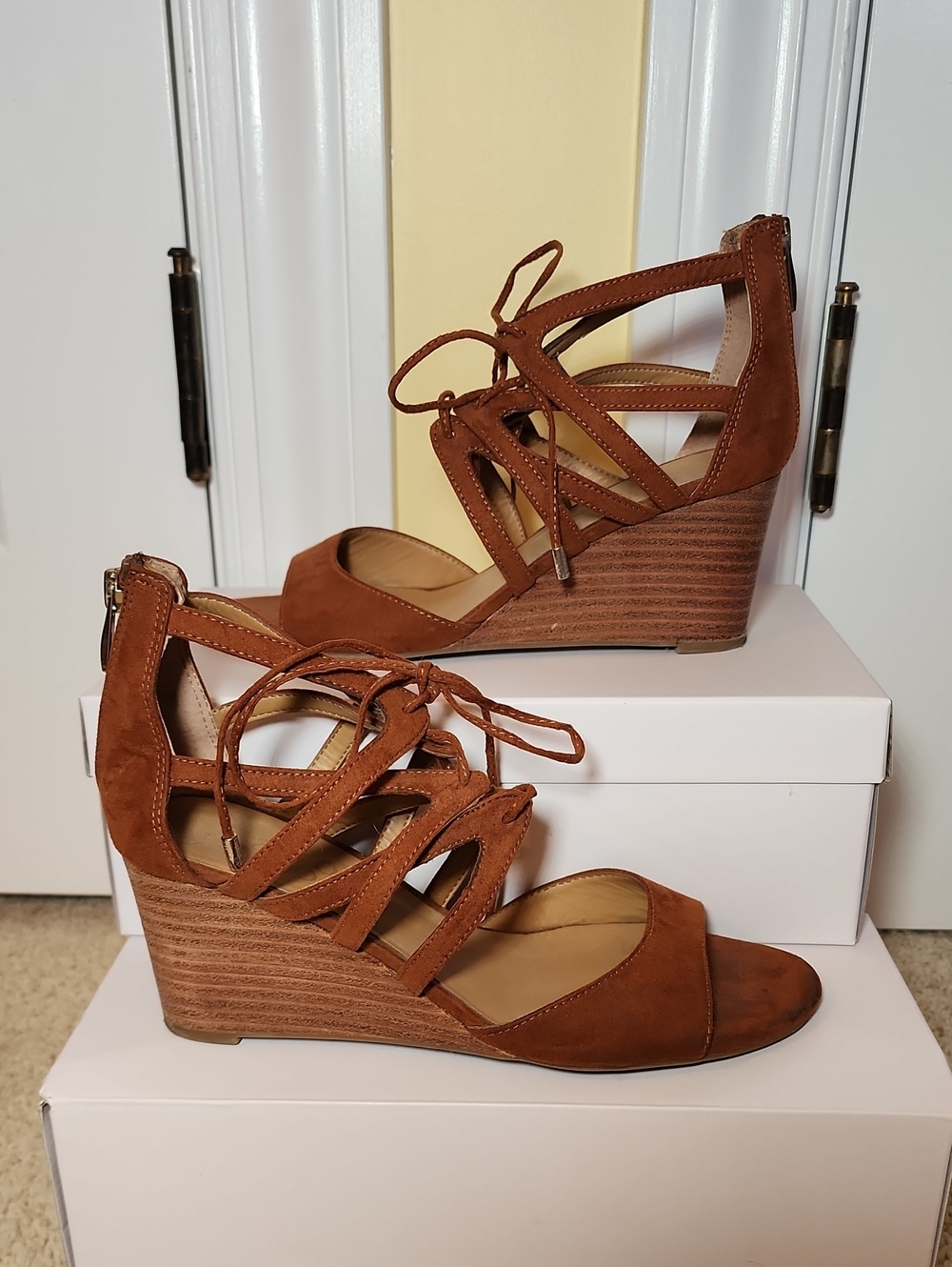 Franco Sarto Cognac Brown Lace-Up Wedge Sandals